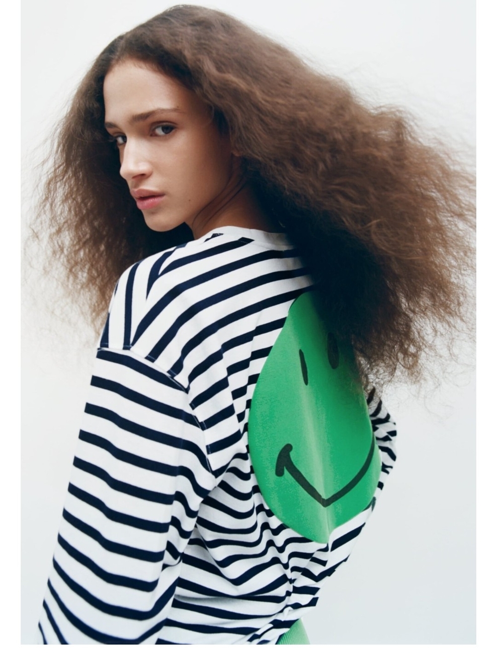 Zara By Smiley Blue & White Striped Tee with Green Smiley Back Graphic